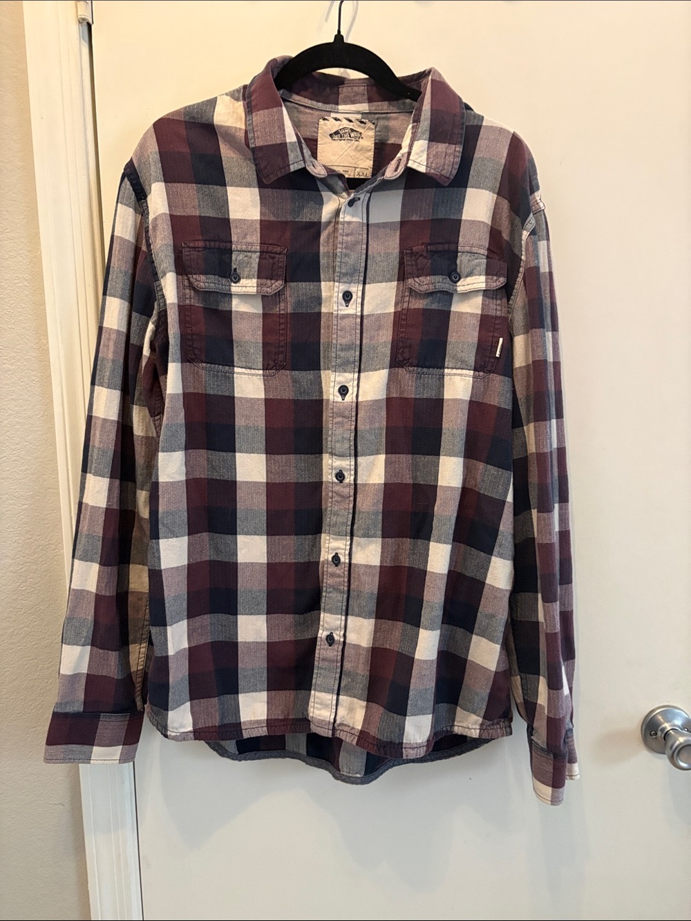 Vans Men's Burgundy and Gray Plaid Button-Down Shirt Size XXL Skater Streetwear